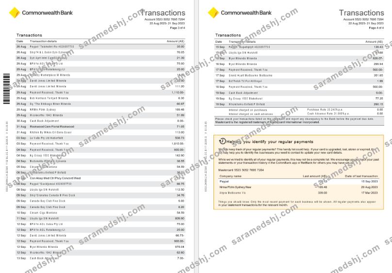 Australia NSW Commonwealth bank Diamond Awards Credit card statement, 4 pages scr2